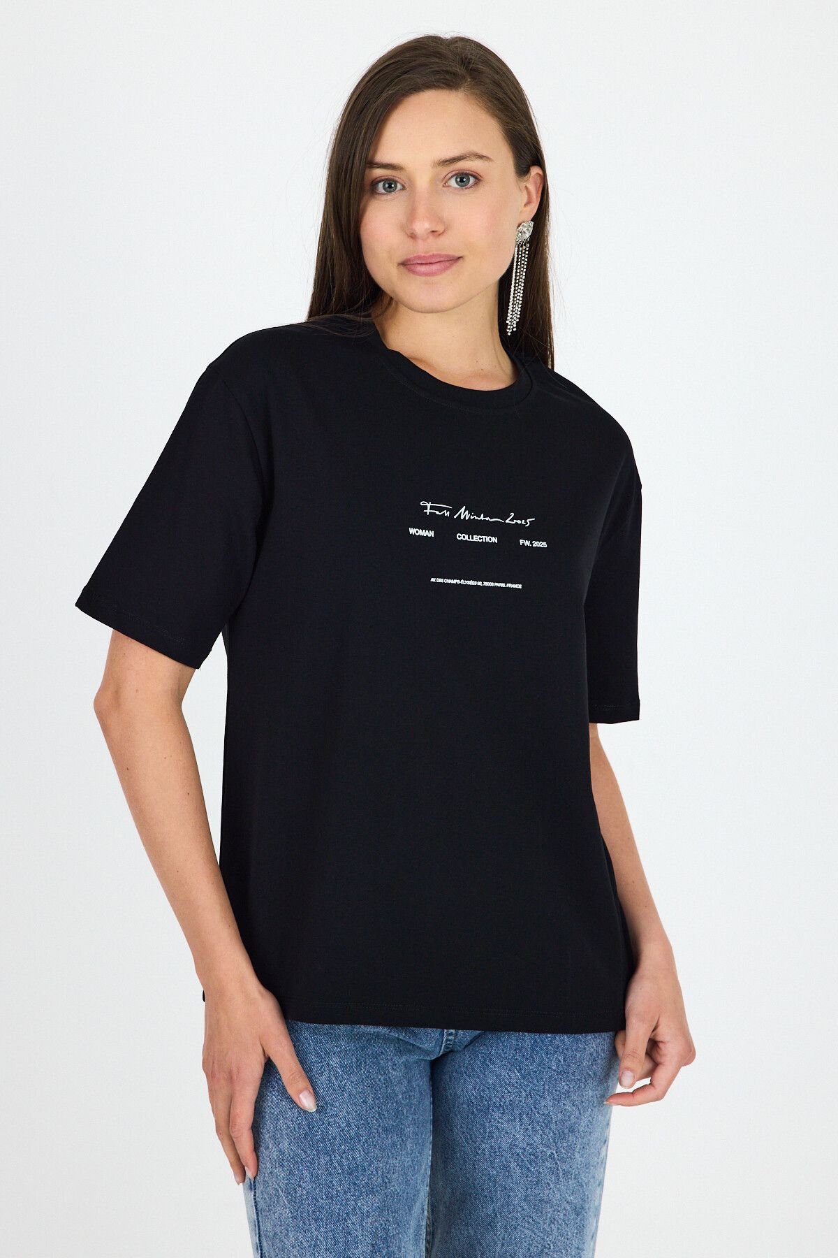 Rays Siyah Bisiklet Yaka Yazı Baskılı Oversize Tişört 5832