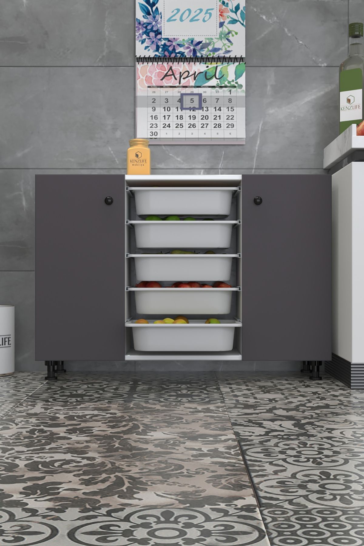 Kenzlife sepetli kapaklı mutfak dolabı dilşah gribyz 074*105*32 erzak 5 sepetli