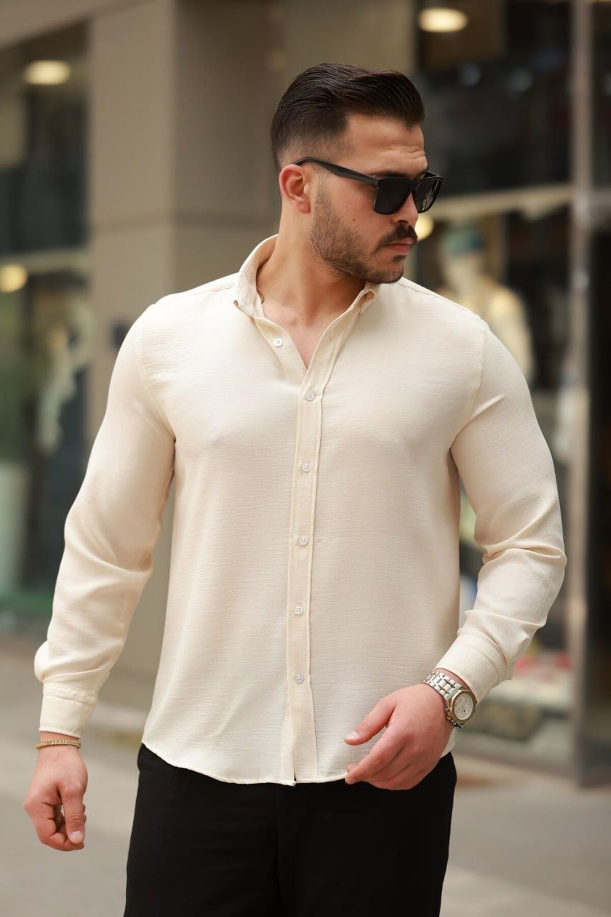 neonstore Erkek Keten Görünümlü Rahat Kalıp Gömlek