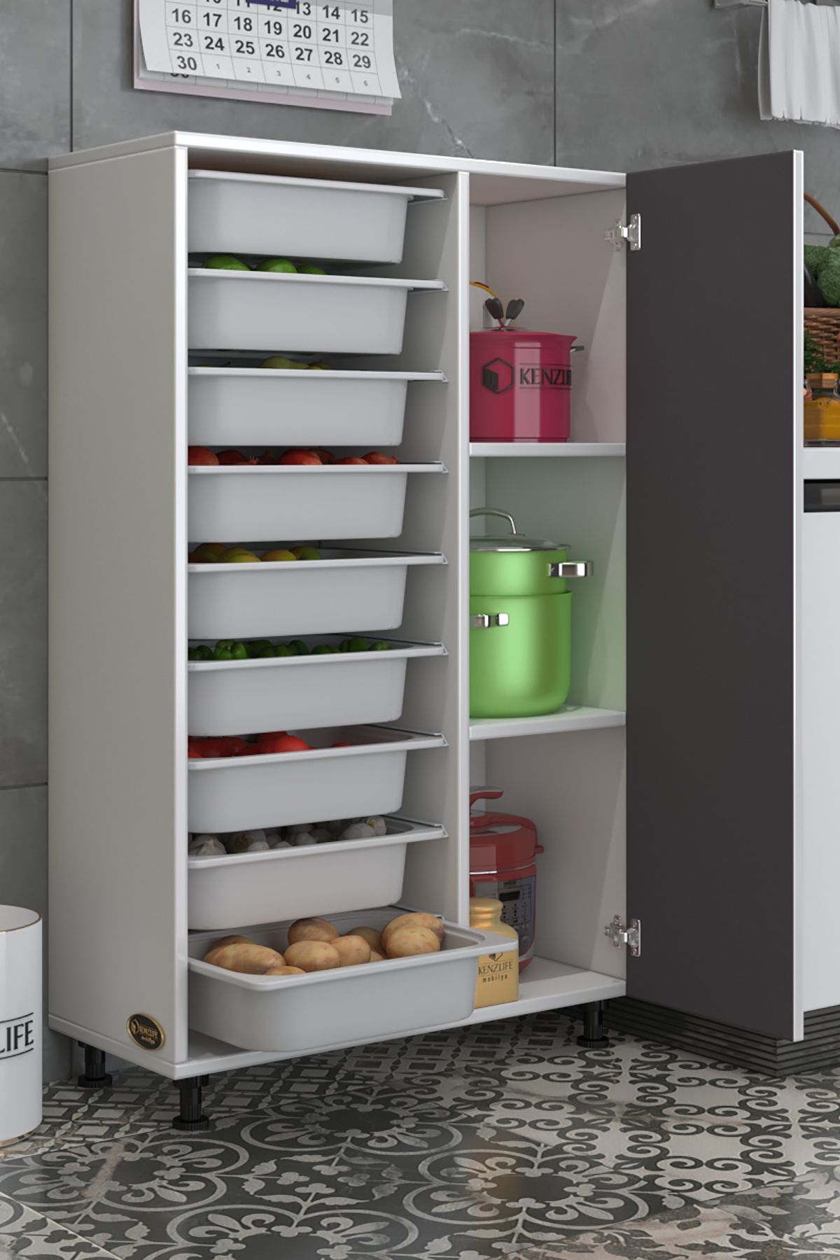 Kenzlife sepetli kapaklı mutfak dolabı eslem gribyz 122*075*32 erzak 9 sepetli