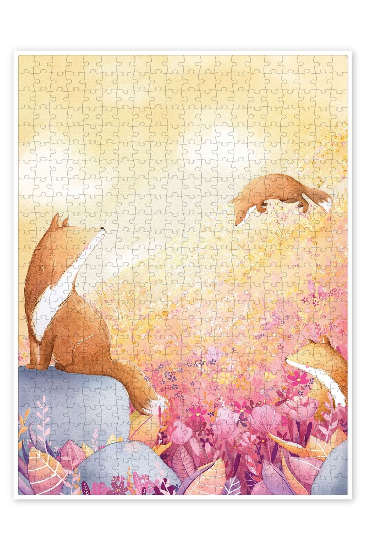 Jeronkarji Tilkiler ve yaz çiçekleri 500 Parça Puzzle Yapboz Çocuklar için Neşeli Hayvan Temalı