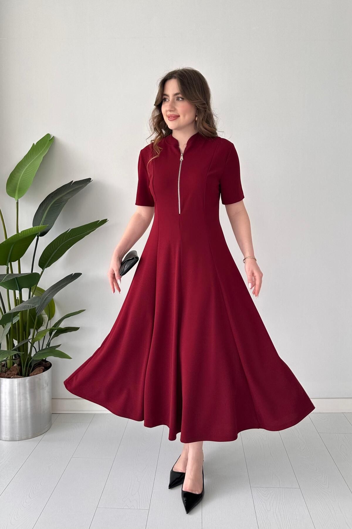 MaziButik Yaka Fermuar Krep Elbise Bordo