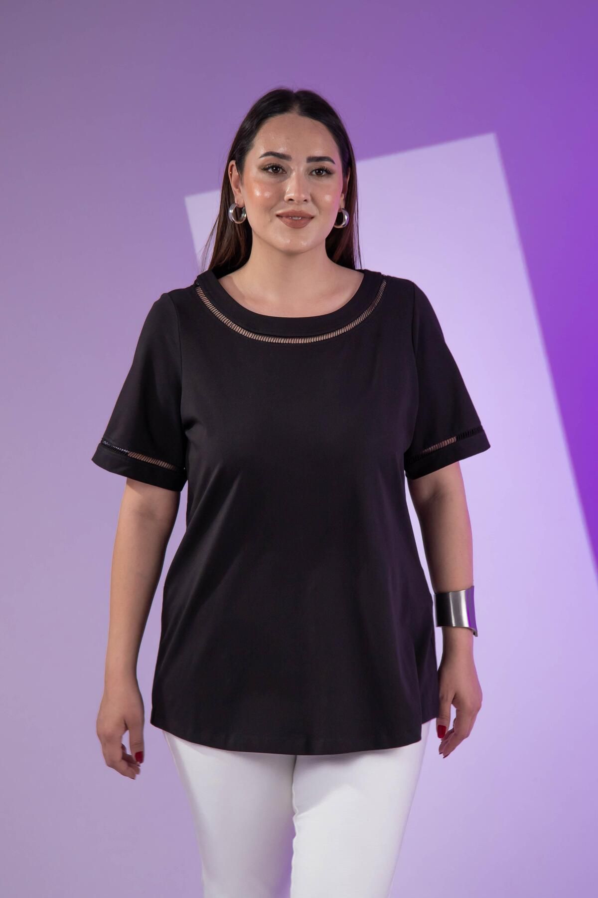 Roxxlen 3330460 Şerit Detaylı Bluz Siyah