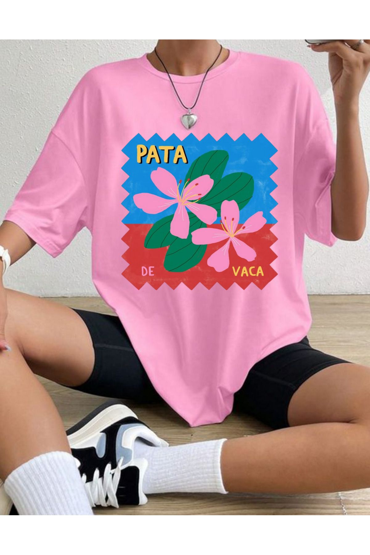 Relax family xf Kadın Pembe Oversize Bol Kesim T-shirt Sade Bisiklet Yaka Pamuklu Yazlık Düz Basic
