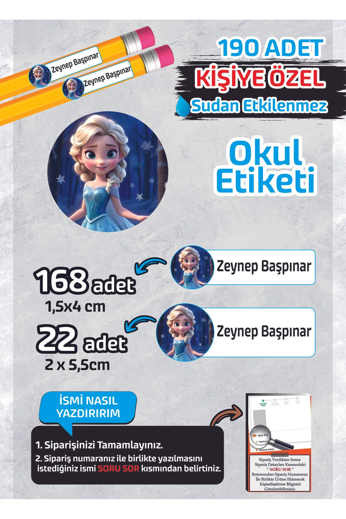Kapbirhediye Okul Etiketi Kişiye Özel Kalem Defter Etiketi Elsa 190 Adet