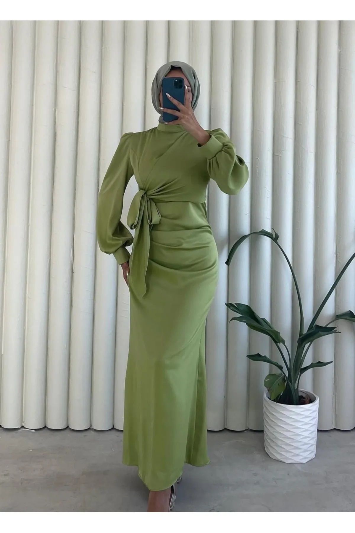 Trendy Butik Kadın YANDAN BAĞLAMALI SATEN ABİYE - Haki