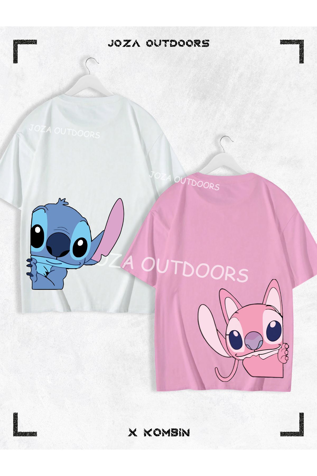Joza Outdoors Kadın Erkek Lilo Angel Stitch Arka Bel Baskılı Sevgili Çift Kombini Oversize Renkli Tshirt 2li Takım