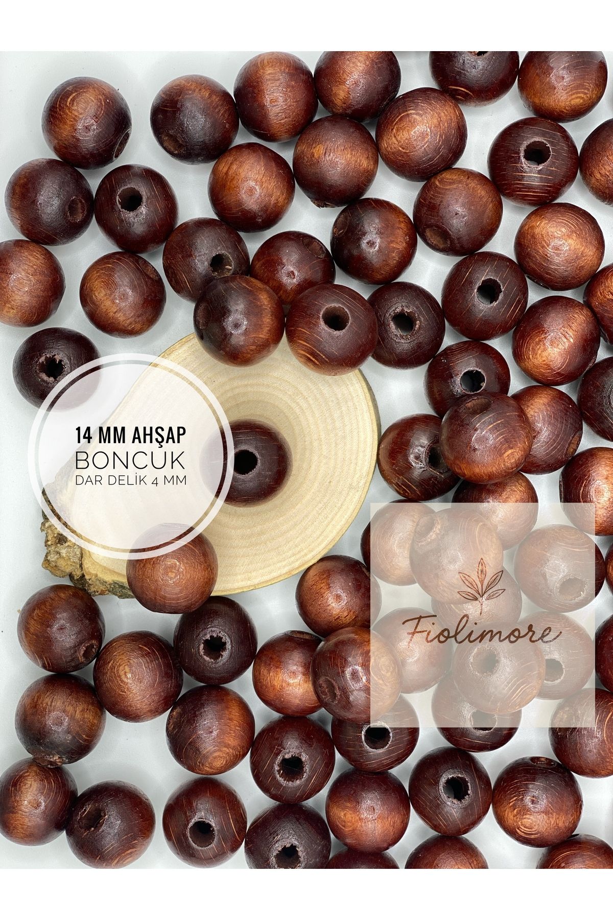 Fiolimore 14 mm Kahverengi Ahşap Boncuk (50 Gram 50 Adet) Delik Çapı 4 mm Yuvarlak Dar Delik Renkli Tahta