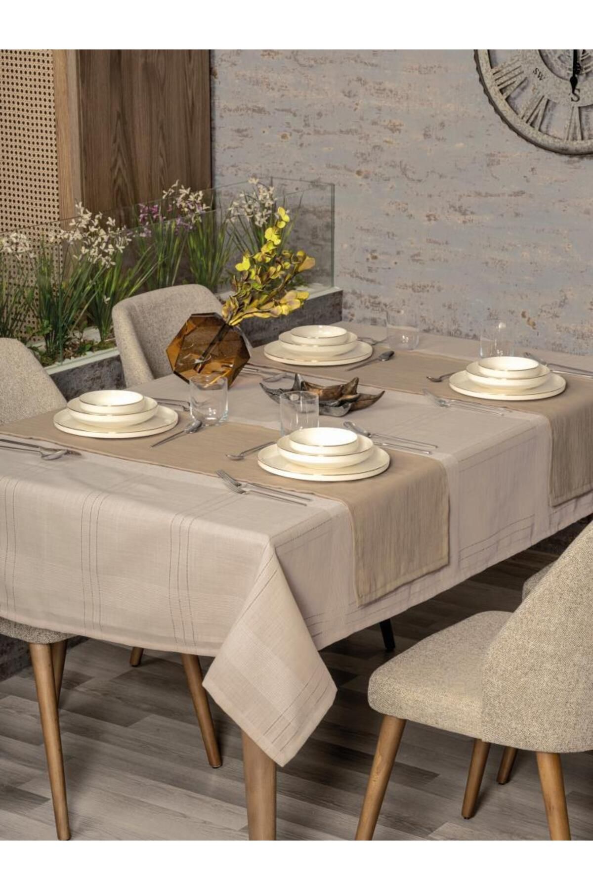 HobiDünyasıElif Antique Jasmine Bej Keten Masa Örtüsü
