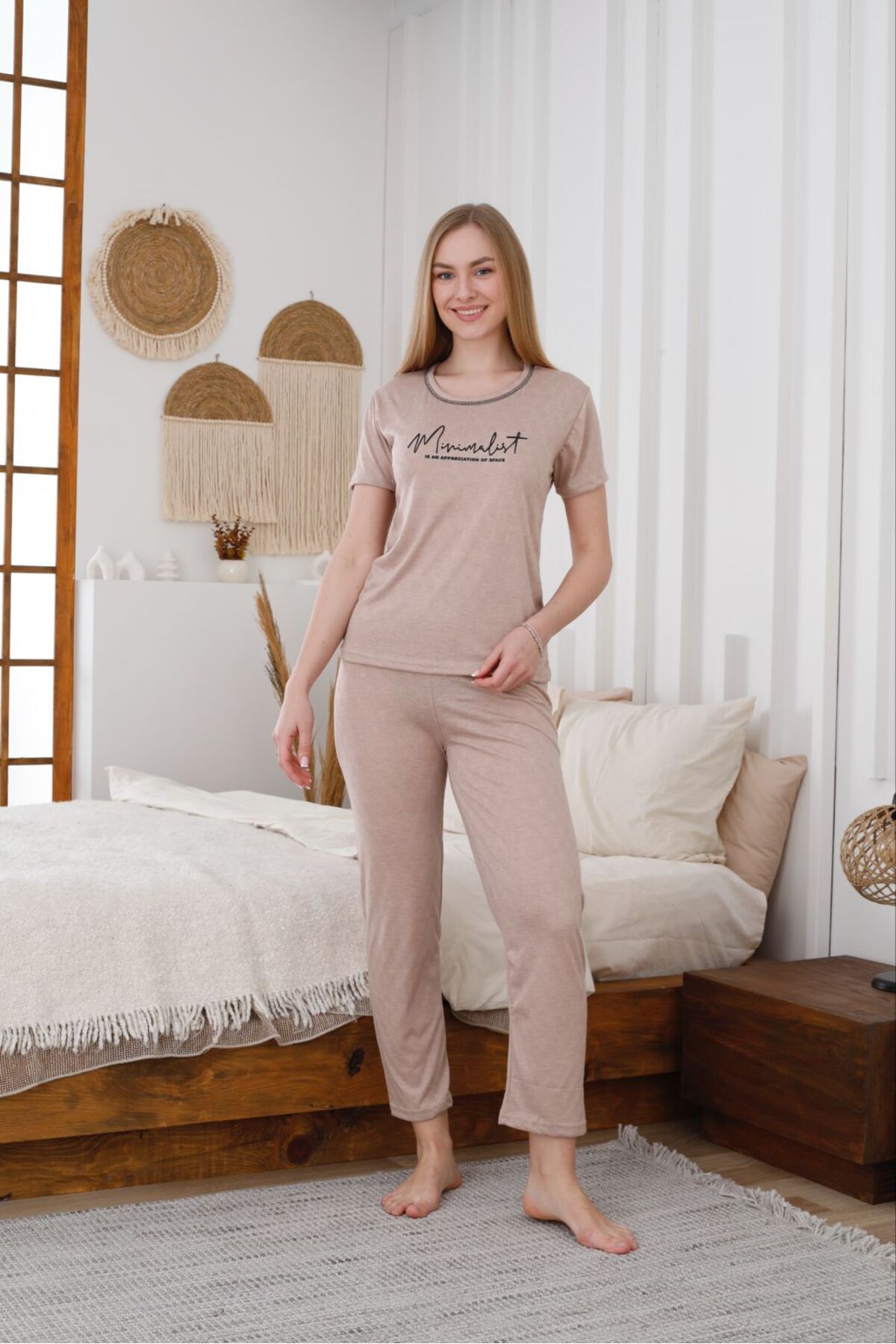 FORVENS Kadın Rahat Pijama Takımı Kısa Kollu & Uzun Alt