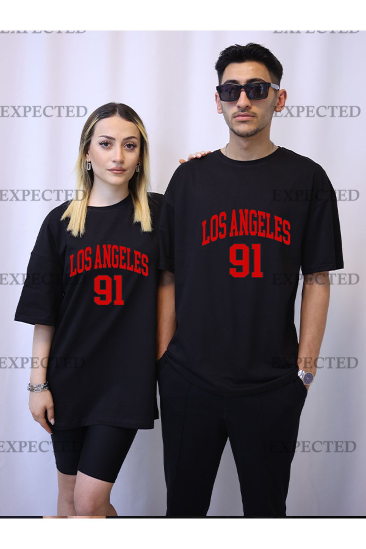 EXPECTED Sevgili Çift Arkadaş Kombini Los Angeles Baskılı Oversize Unisex T-shirt - 2 adet