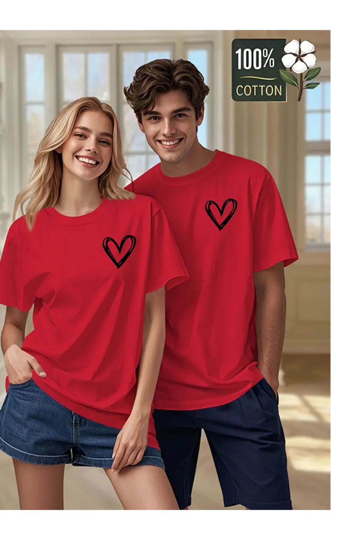 EXPECTED Unisex Sevgili Çift Arkadaş Kombini Tek Aşk Kalp Baskılı Oversize Şık Pamuklu T-shirt 2 adet