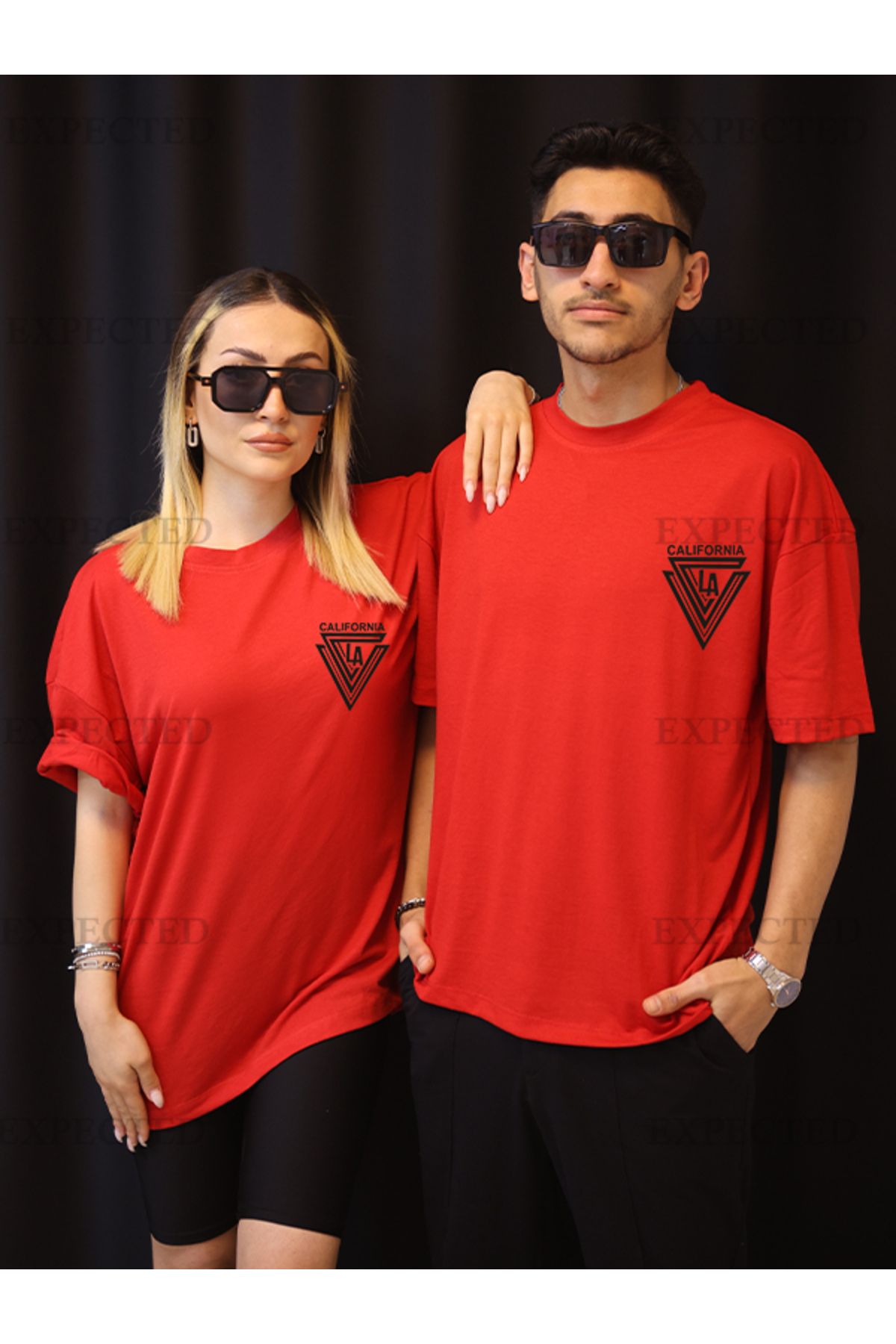 EXPECTED Sevgili Çift Arkadaş Kombini Calıfornıa LA Baskılı Oversize Unisex T-shirt - 2 adet