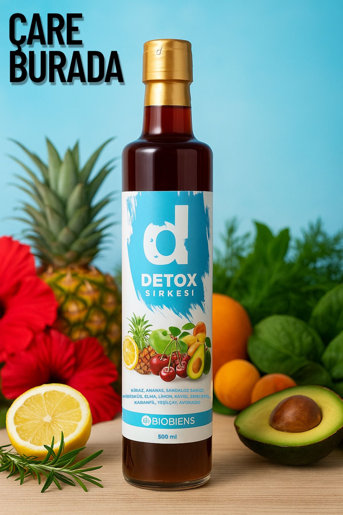 Çare Burada Detoks Sirkesi 500 ml (Kiraz, Ananas, Avokado, Zencefil, Hibisküs, Karanfil)