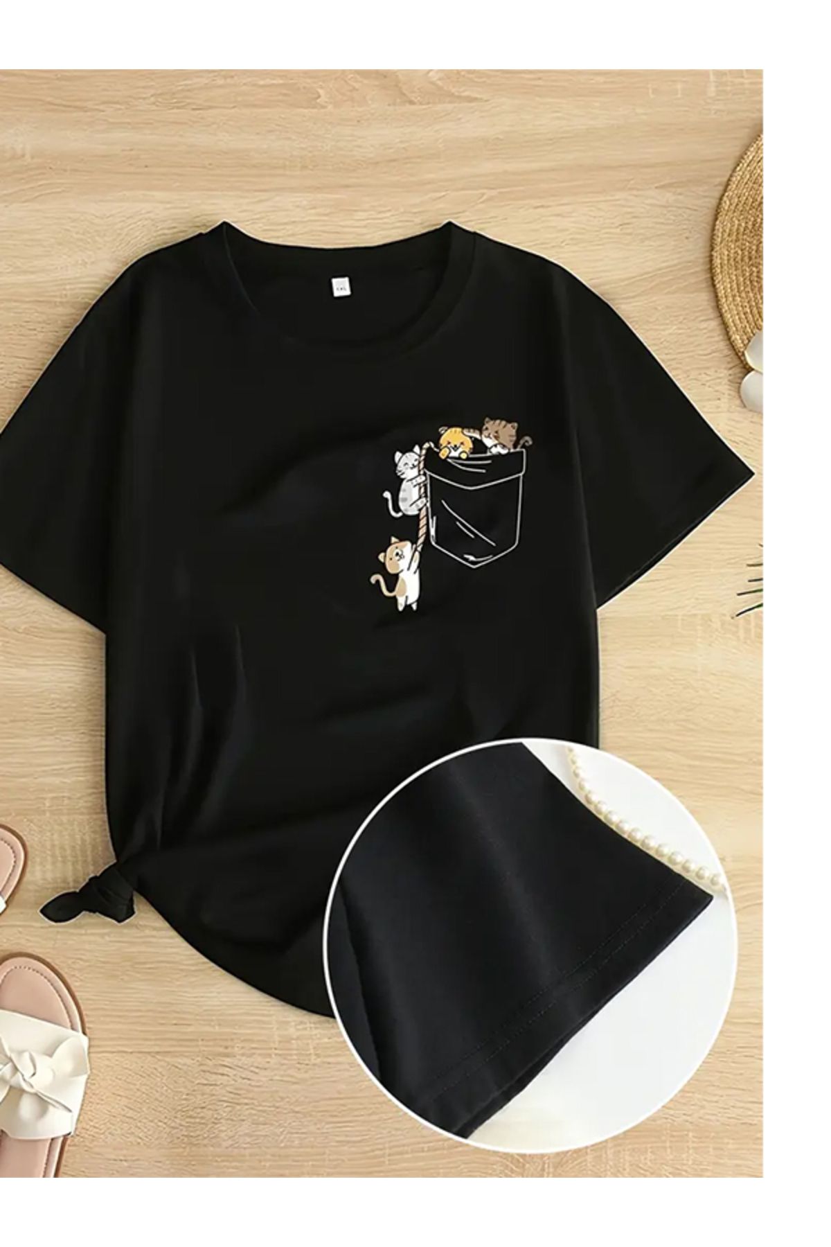 EXPECTED Kadın Siyah Sevimli Kediler Baskılı Pamuklu Oversize Rahat Kesim Şık T-shirt