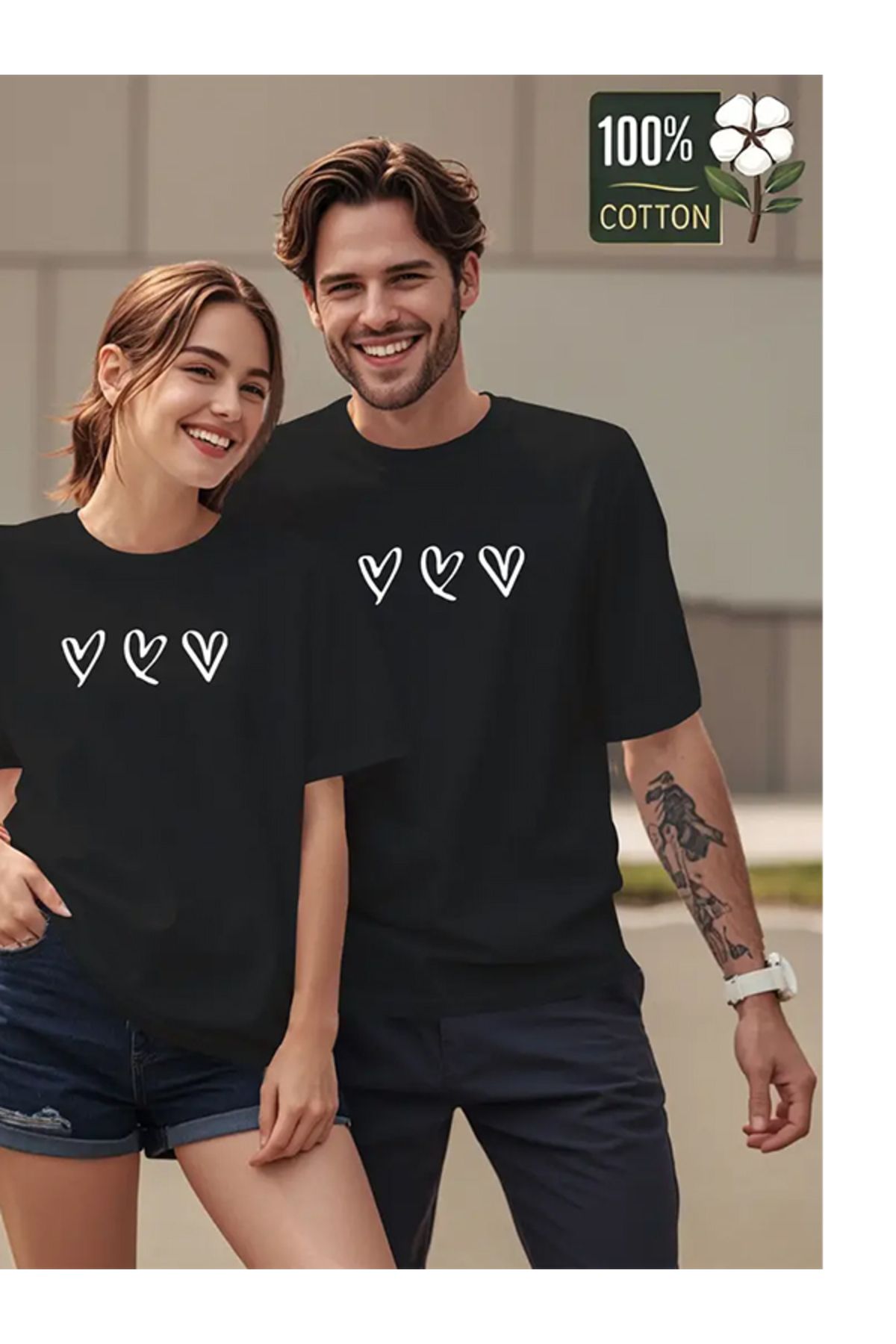 EXPECTED Unisex Sevgili Çift Arkadaş Kombini Sıralı Kalpler Baskılı Oversize Pamuklu T-shirt 2 adet