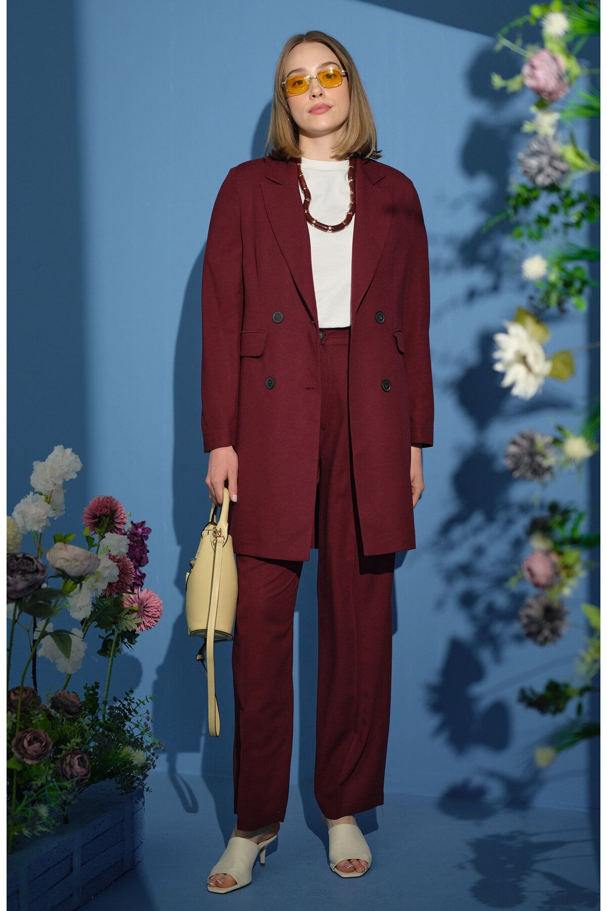 Fatma Atasoy Keten Bordo Palazzo Takım