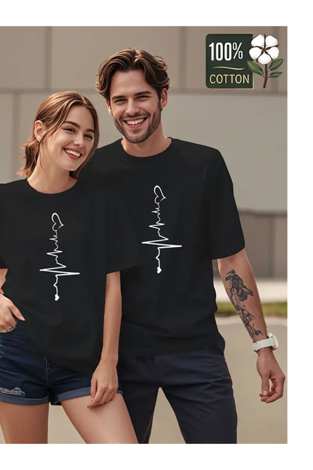 EXPECTED Unisex Siyah Sevgili Çift Kombini Kalp Atışı Baskılı Oversize Rahat Kesim Şık Pamuklu T-shirt 2 ADET