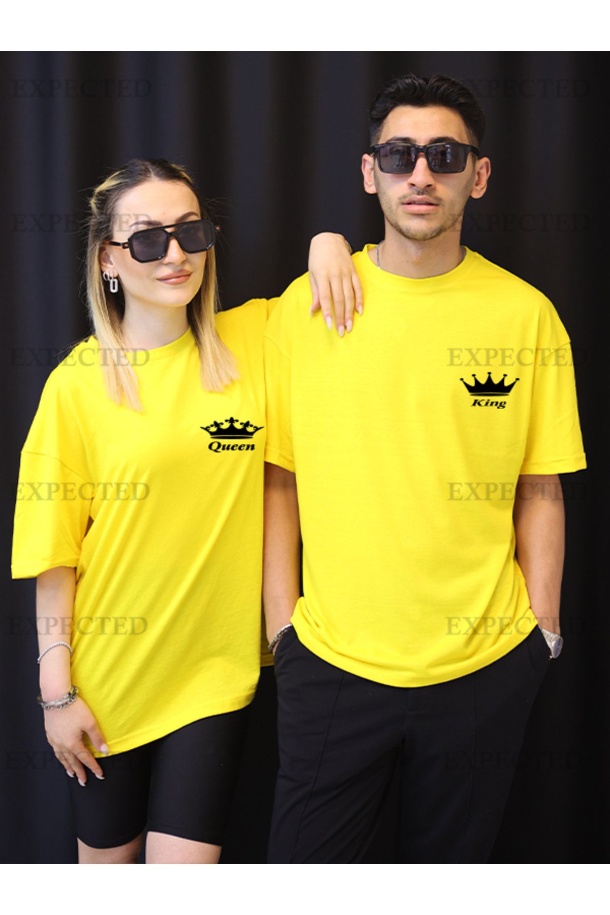 EXPECTED Sevgili Çift Arkadaş Kombini King Queen Baskılı Oversize Unisex T-shirt - 2 adet