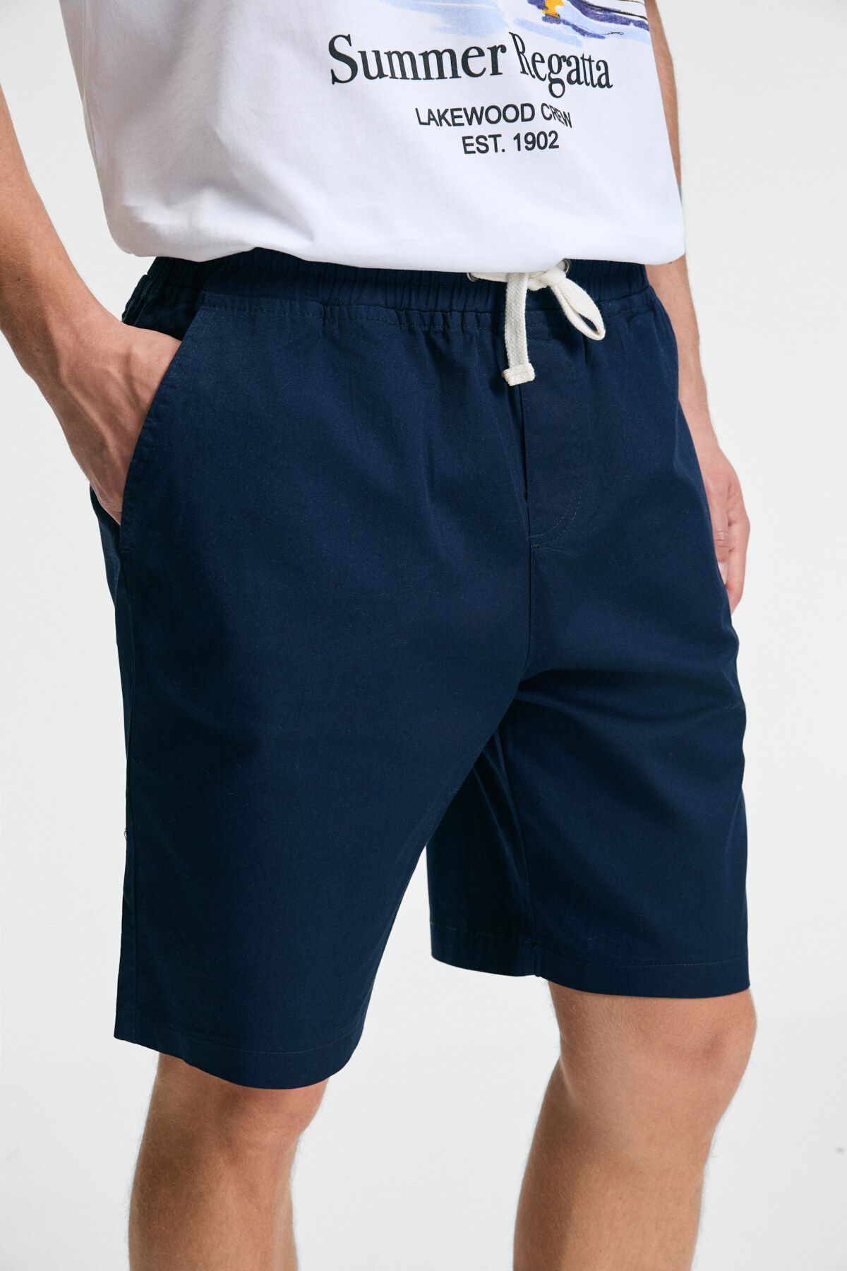 GRIMELANGE-Lasper Men's Lycra Side Pockets Relaxed Fit Navy Blue Shorts with Elastic Waist 3