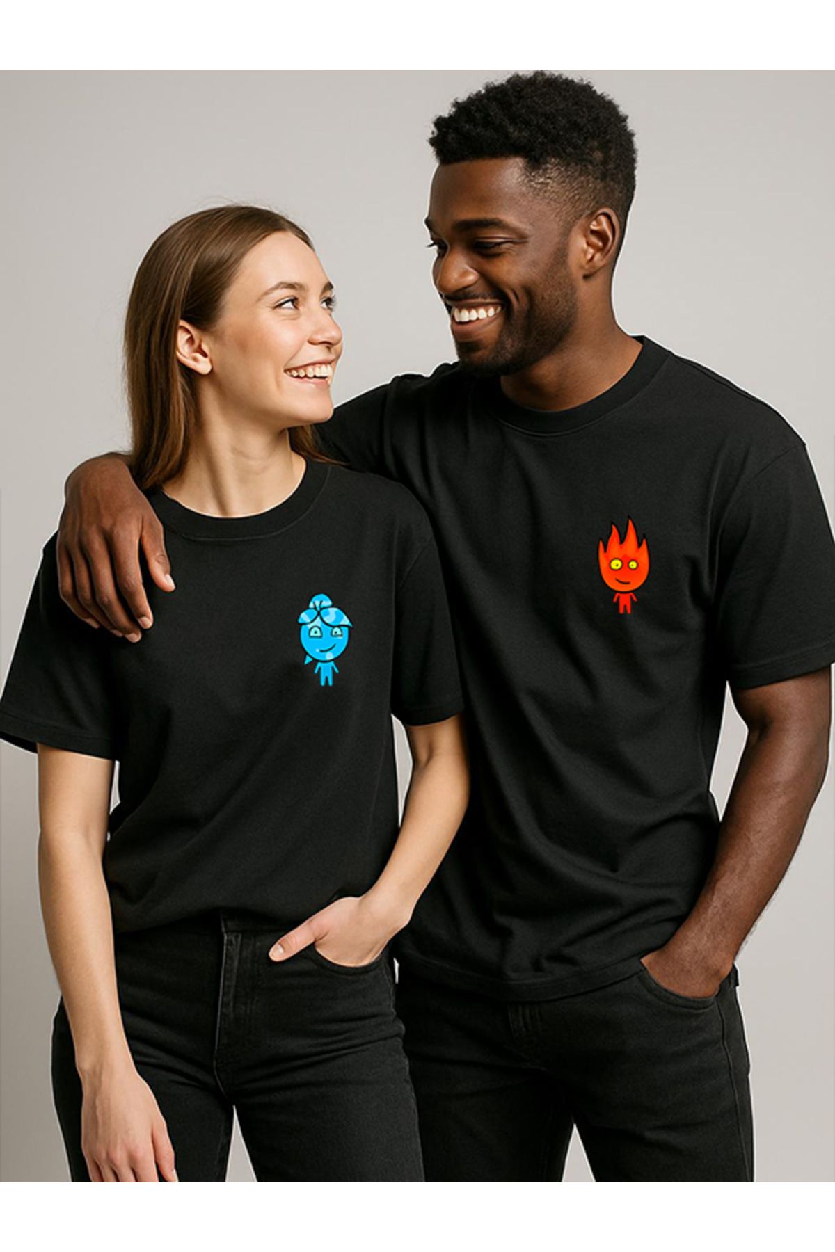 EXPECTED Sevgili Çift Arkadaş Kombini Ateş Ve Su Baskılı Oversize Unisex T-shirt - 2 adet