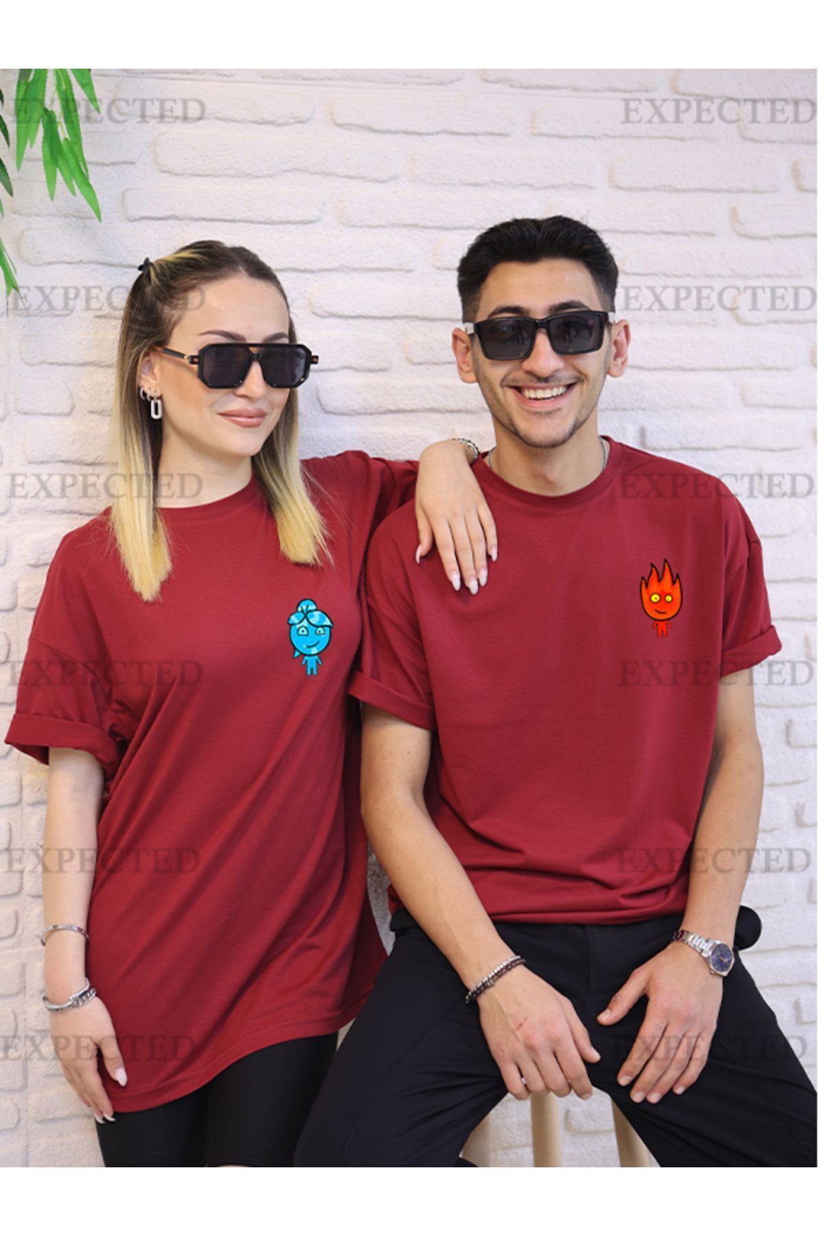 EXPECTED Sevgili Çift Arkadaş Kombini Ateş Ve Su Baskılı Oversize Unisex T-shirt - 2 adet