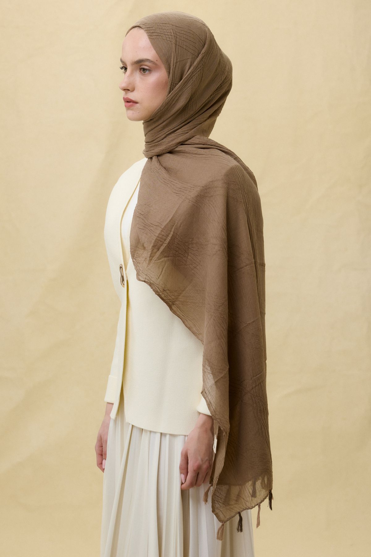 FENZA SCARF LİLYUM KOYU CAMEL SAÇAK PÜSKÜLLÜ PAMUKLU ŞAL