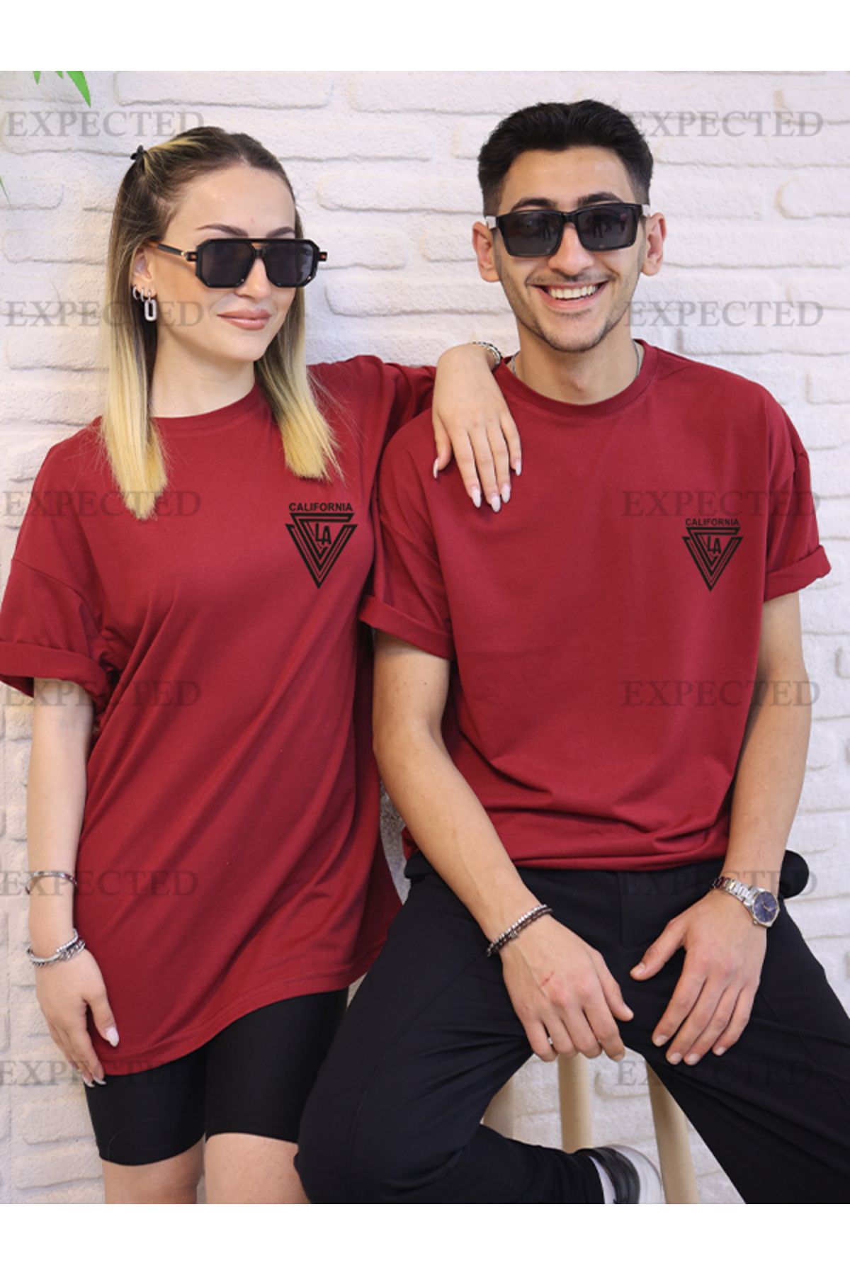 EXPECTED Sevgili Çift Arkadaş Kombini Calıfornıa LA Baskılı Oversize Unisex T-shirt - 2 adet