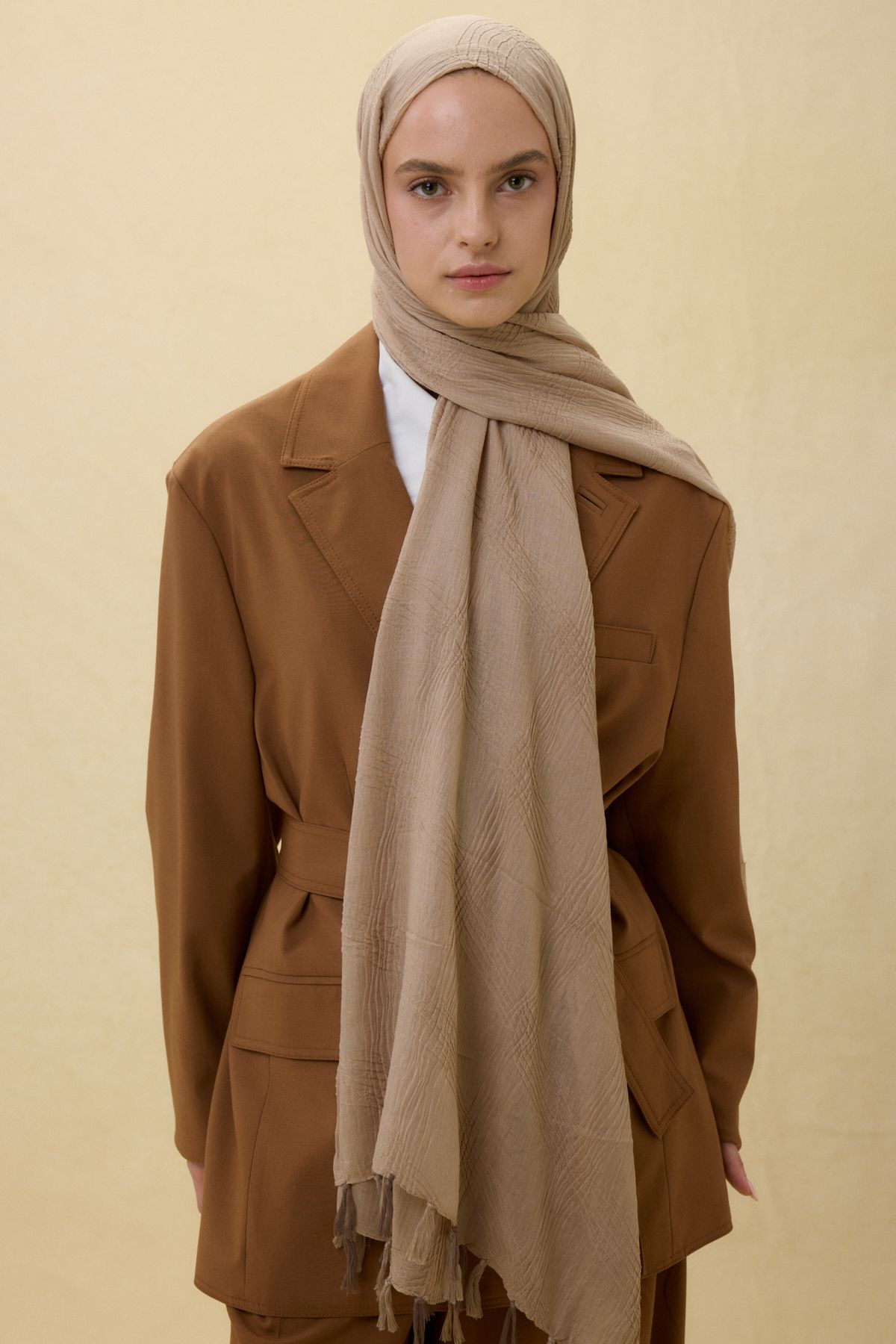 FENZA SCARF LİLYUM AÇIK VİZON SAÇAK PÜSKÜLLÜ PAMUKLU ŞAL
