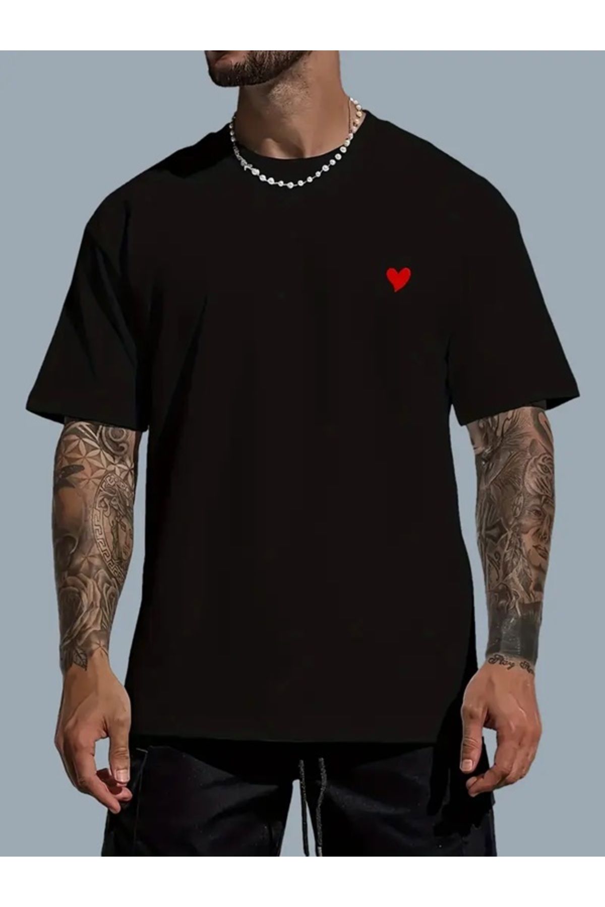 EXPECTED Erkek Oversize %100 Pamuk Kalp Grafik Baskılı T-shirt, Rahat Kısa Kollu Yuvarlak Yaka Tişört