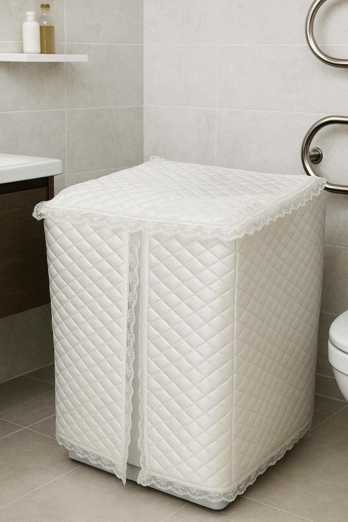 by ballı biocotton Banyo Çamaşır Makinası Örtüsü Lüks Kapitoneli Saten Kumaş Güpür Kenar