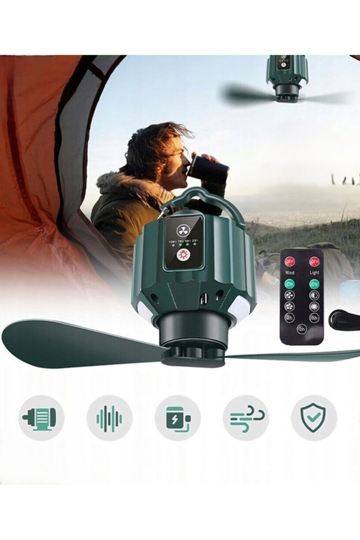 zola-Ventilator camping 2 in 1 cu LED, 3 viteze, lumina reglabila, telecomanda, USB, 5200mAh, verde 7