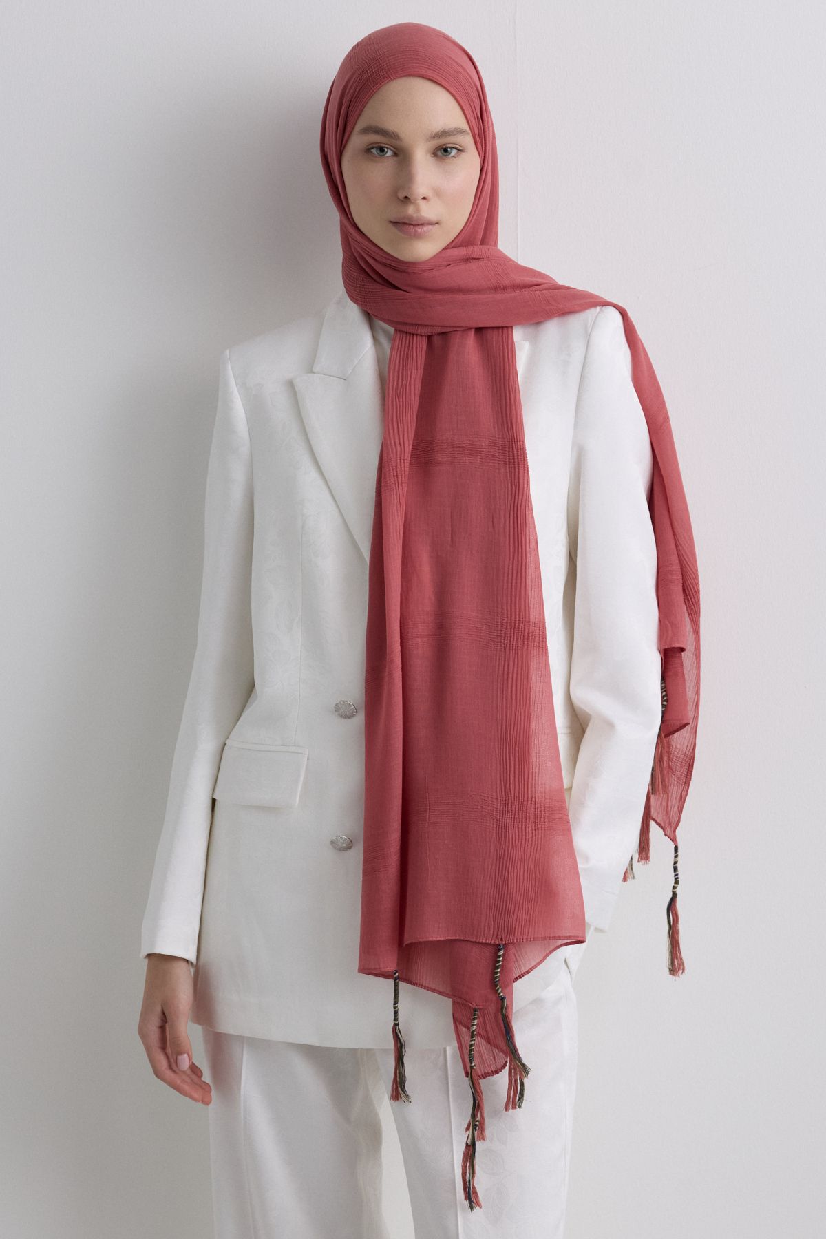 FENZA SCARF BRICE ŞEFTALİ UZUN SAÇAK PÜSKÜLLÜ PAMUKLU ŞAL
