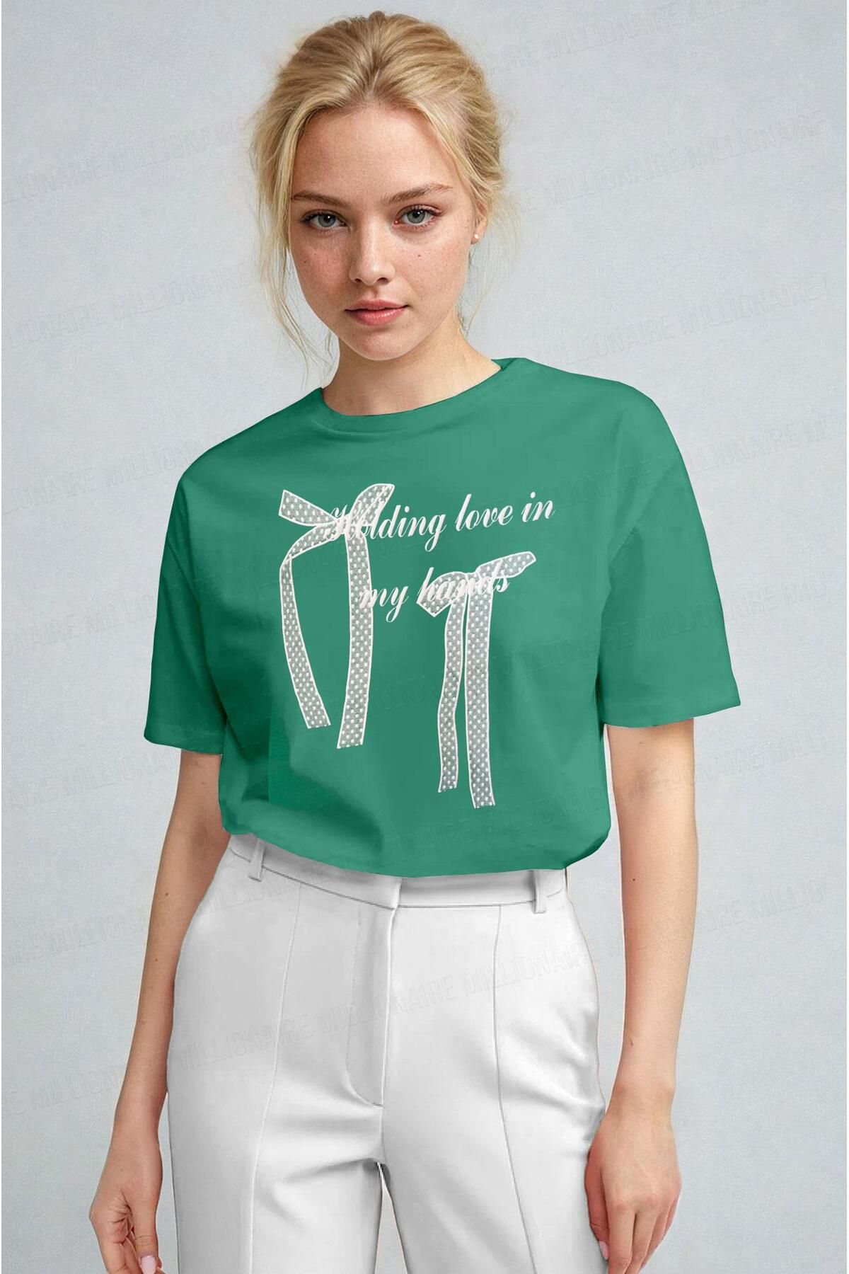 Millionaire Kadın Bntn Yeşil Kurdele Kabaran Dokulu Baskı Regular Fit Normal Kalıp T-shirt