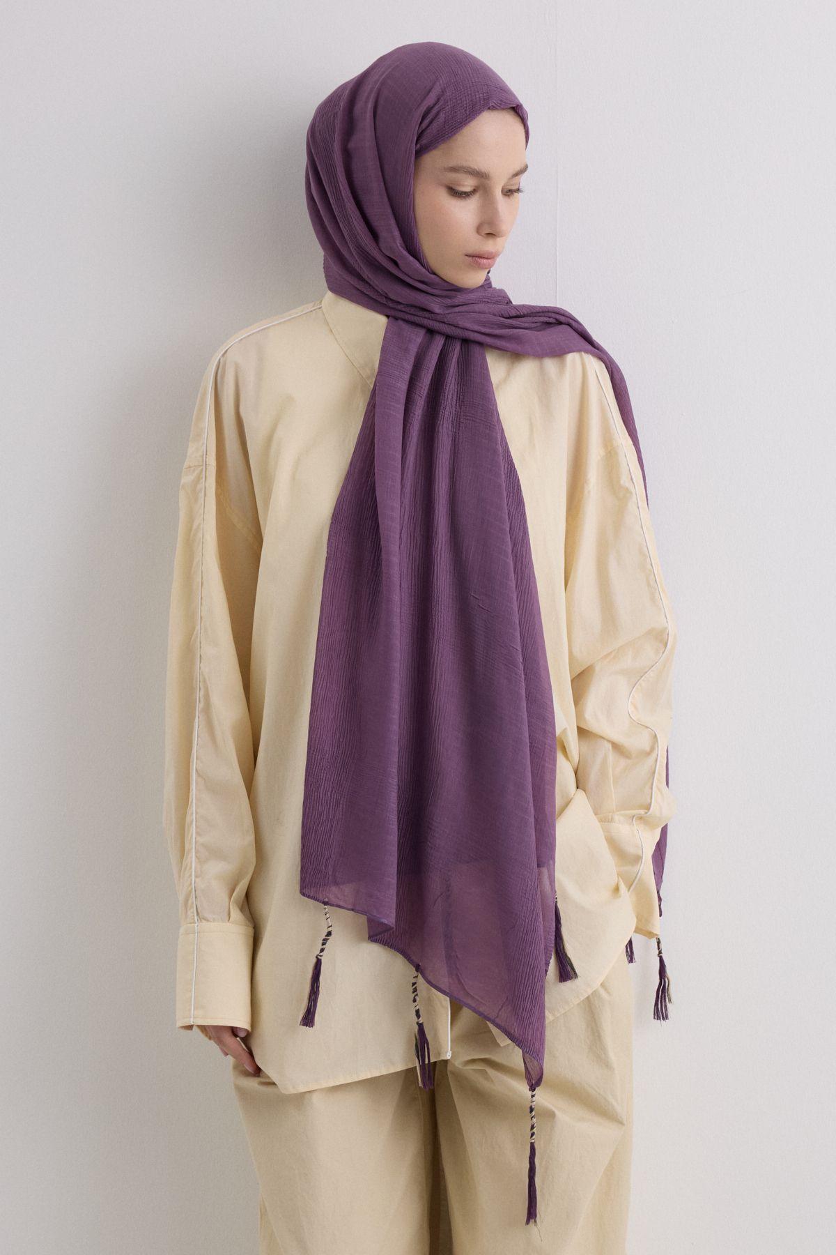 FENZA SCARF BRICE MÜRDÜM UZUN SAÇAK PÜSKÜLLÜ PAMUKLU ŞAL