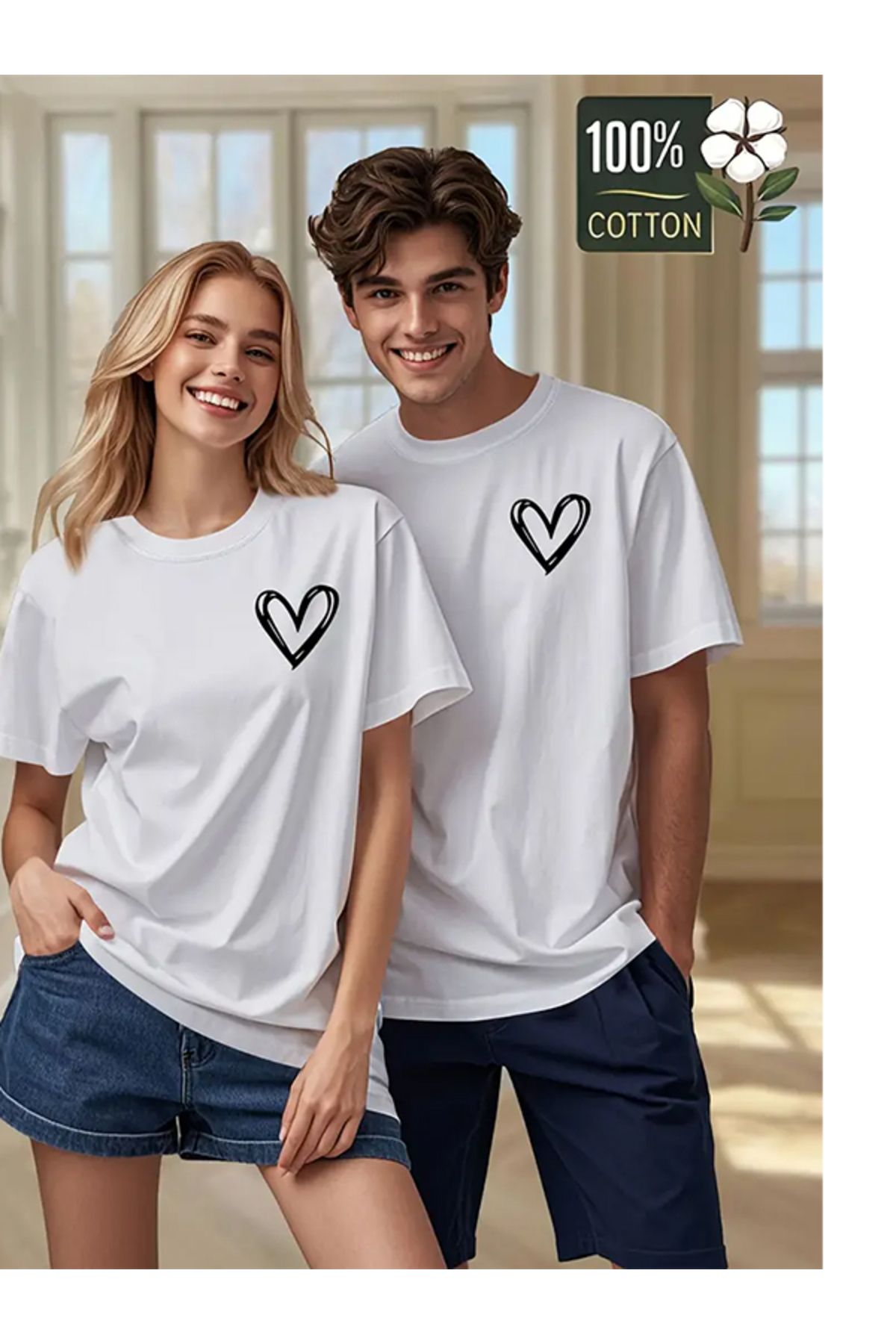 EXPECTED Unisex Sevgili Çift Arkadaş Kombini Tek Aşk Kalp Baskılı Oversize Şık Pamuklu T-shirt 2 adet
