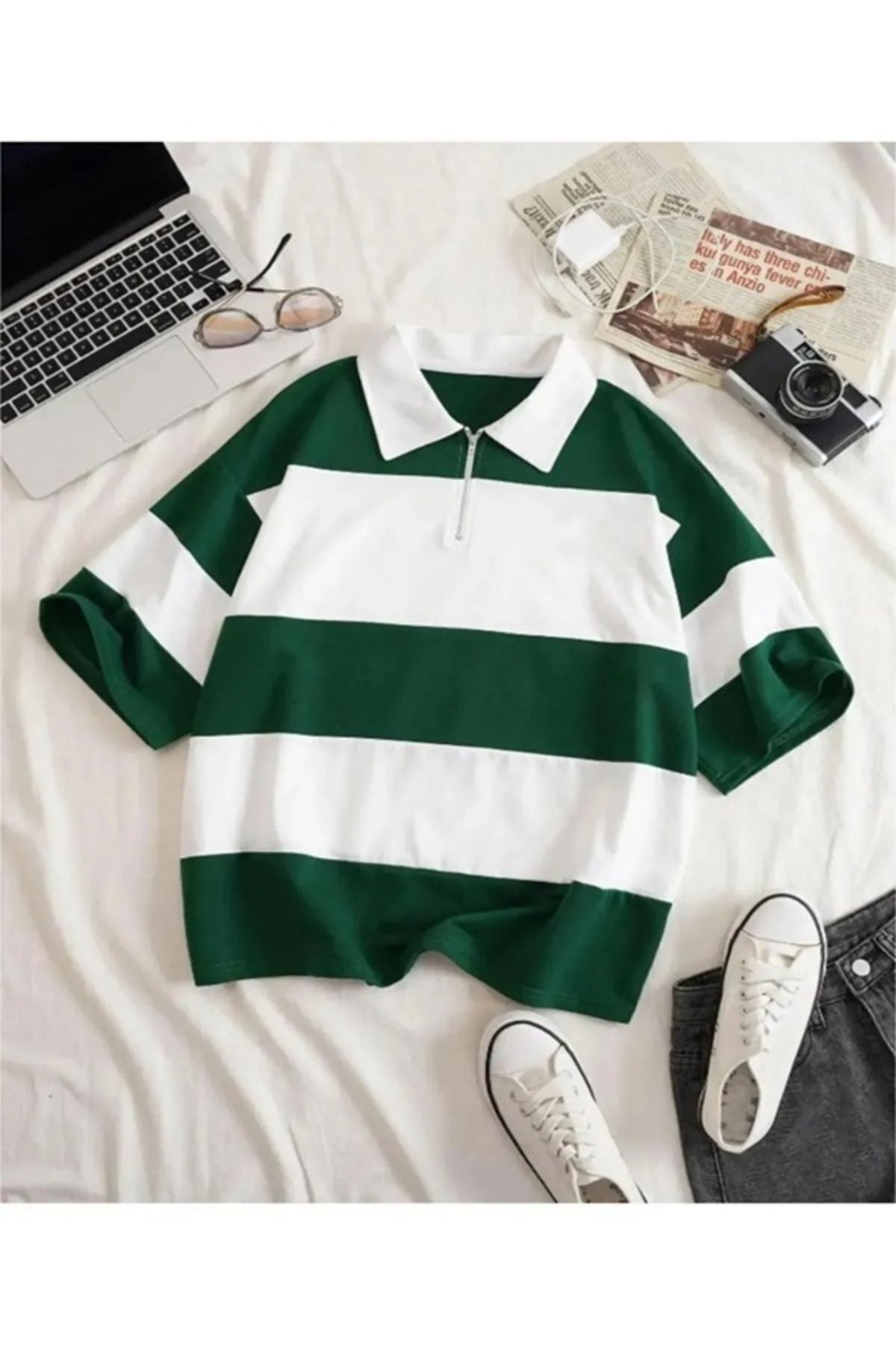 EXPECTED Unisex Oversize Polo Yaka Fermuarlı Parçalı Polo Tişört