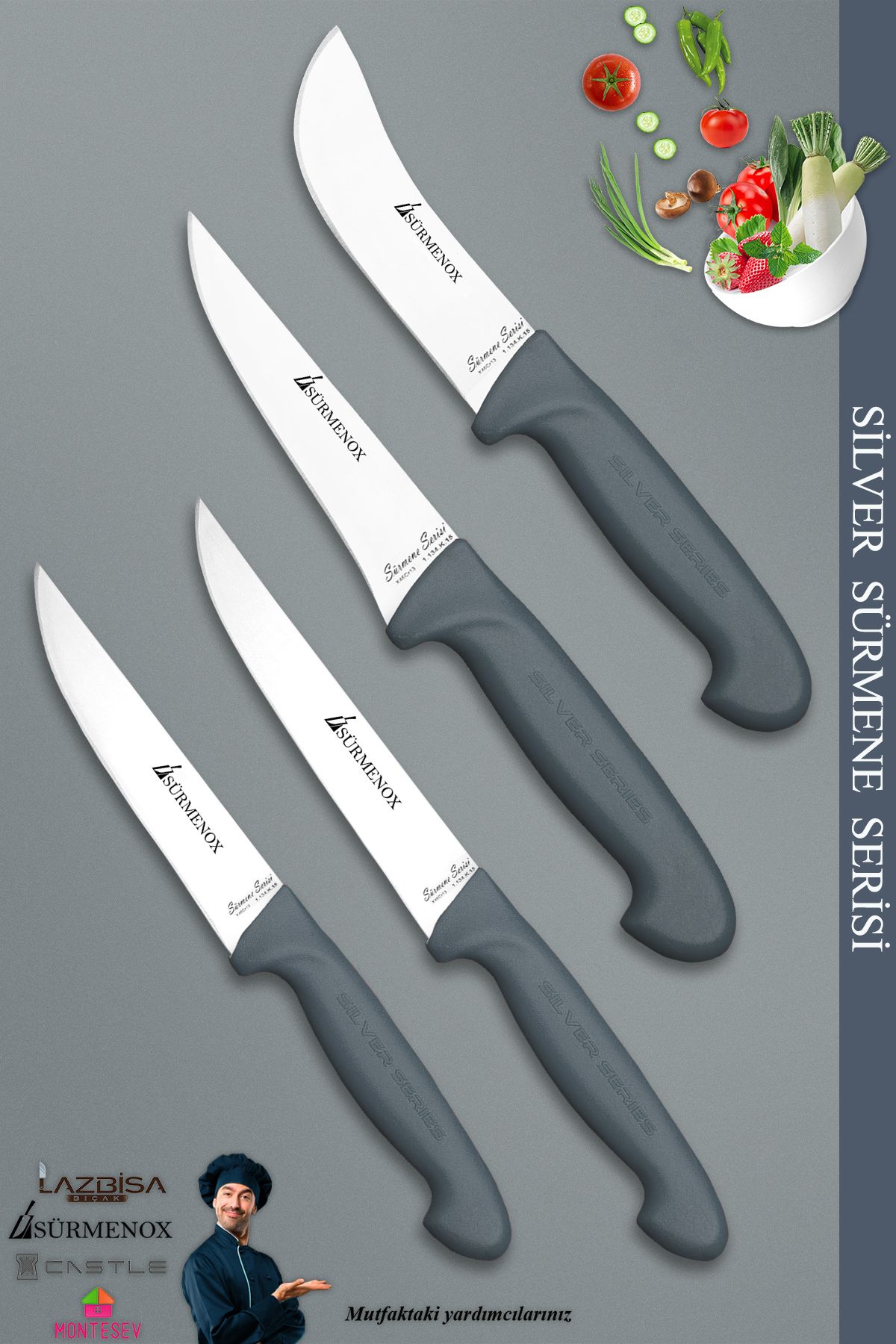 SÜRMENOX Sürmene Silver Serisi Gri Sap Mutfak Bıçak Seti Et Ekmek Sebze Dilimleme Bıçağı 4 Lü Set ( srm-10 )