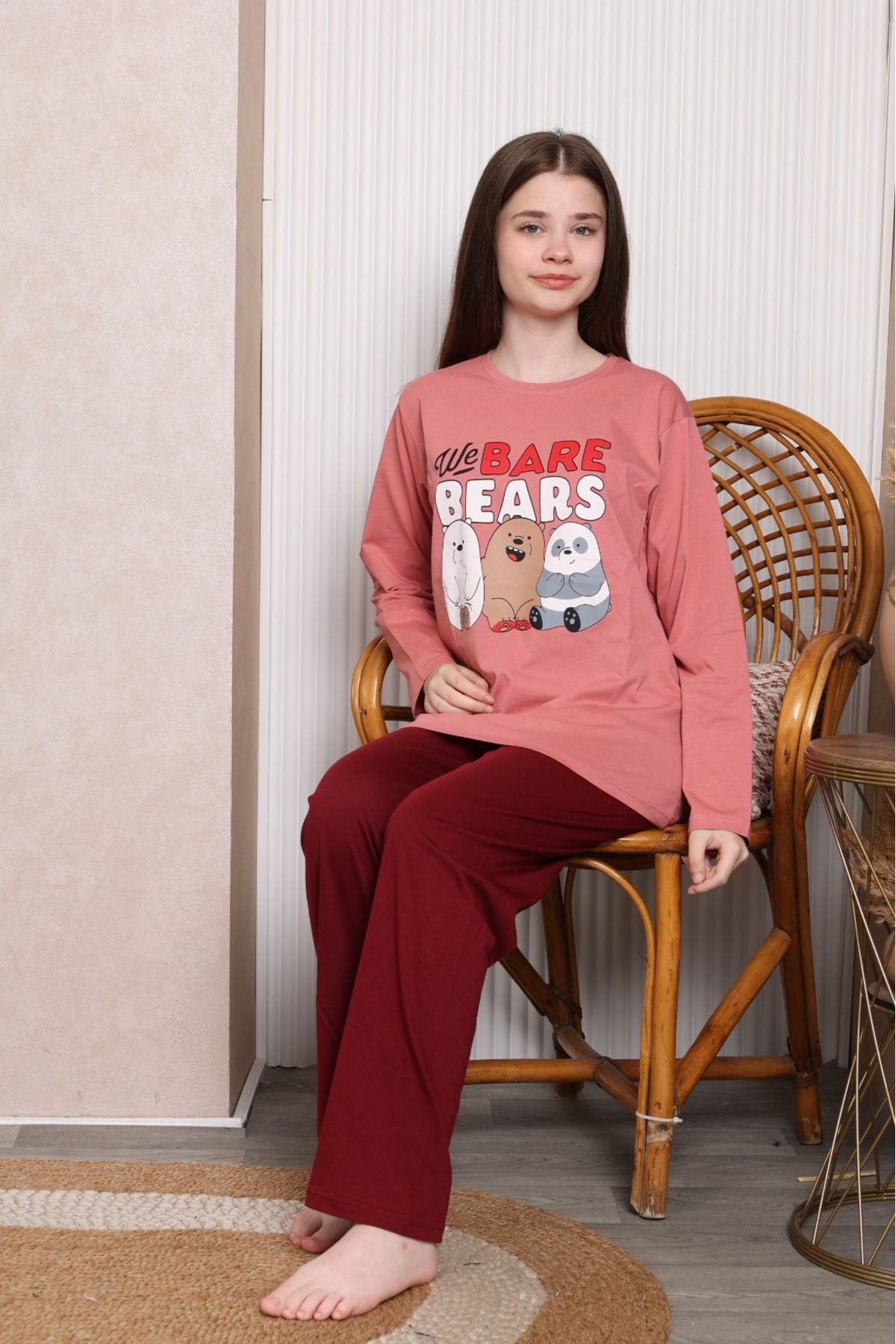 Pyjama Familya Genç Kız Figürlü İnce Uzun Kollu Pijama Takımı