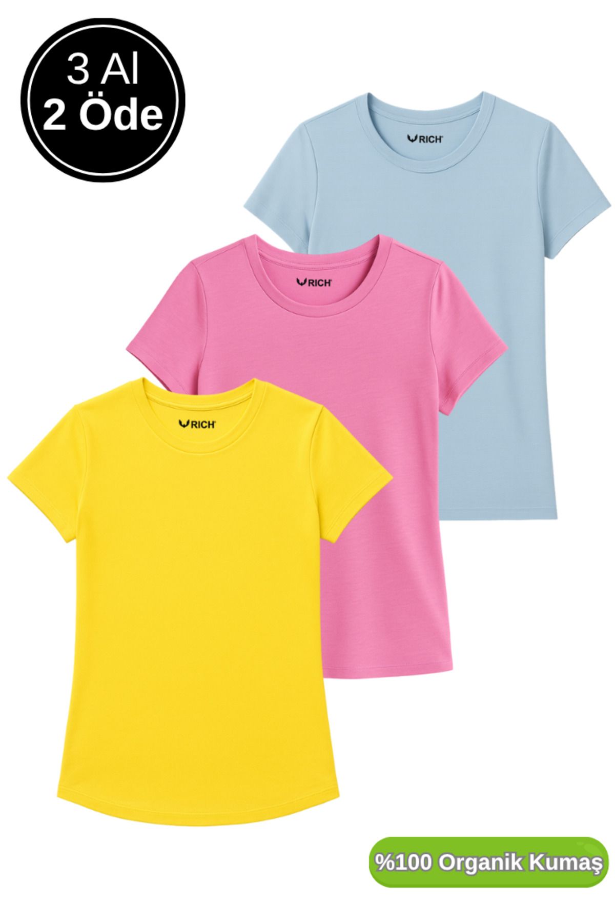 Rich Kadın 3'lü Paket Sarı-Pembe-Mavi %100 Organik Pamuk Normal Kesim Tişört Bisiklet Yaka T-Shirt