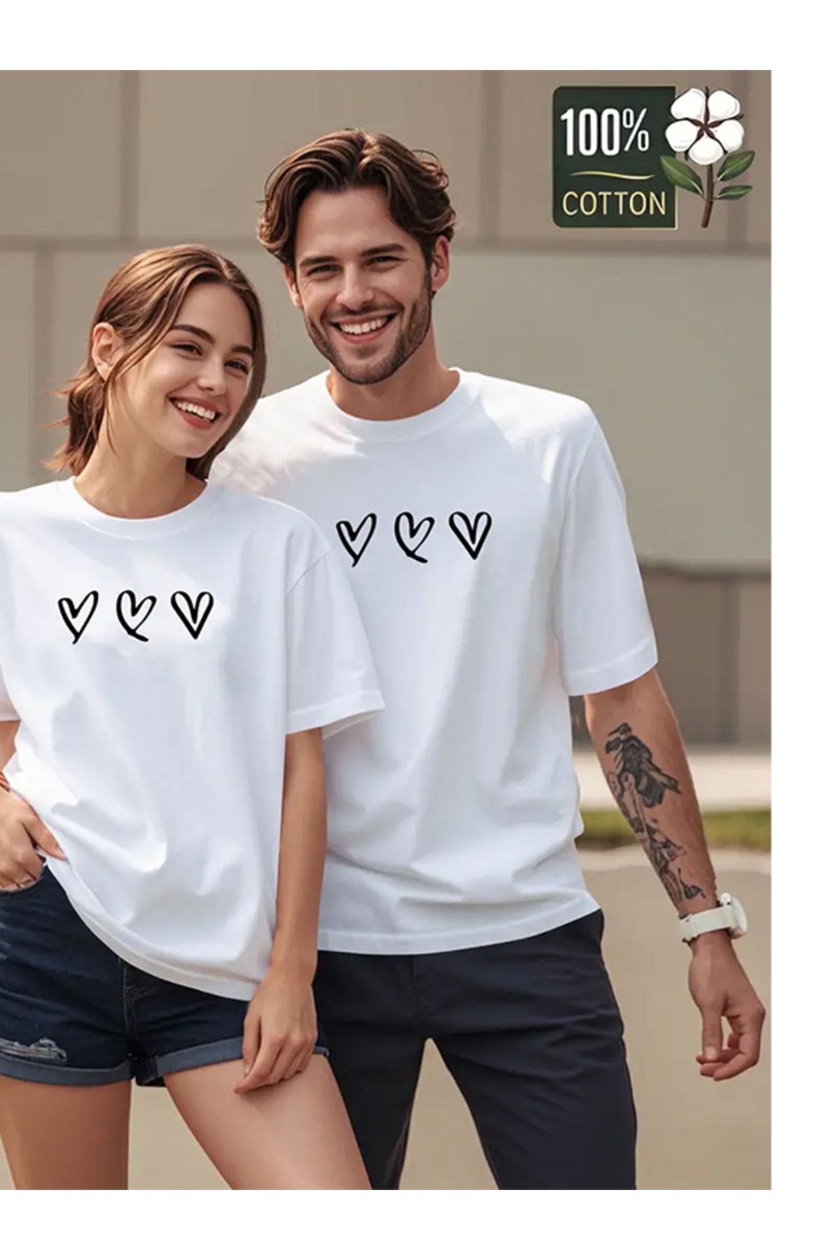 EXPECTED Unisex Sevgili Çift Arkadaş Kombini Sıralı Kalpler Baskılı Oversize Pamuklu T-shirt 2 adet
