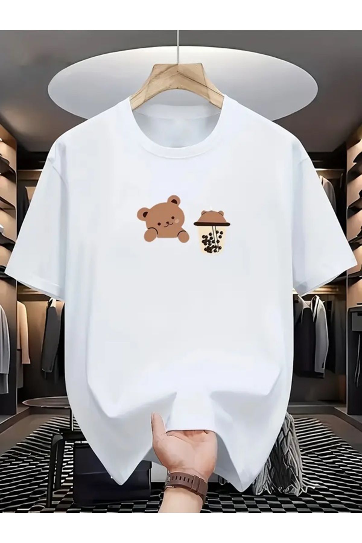 EXPECTED Unisex Kahve ve Ayıcık Baskılı Oversize Pamuklu Yazlık Nefes Alan Günlük Şık T-shirt