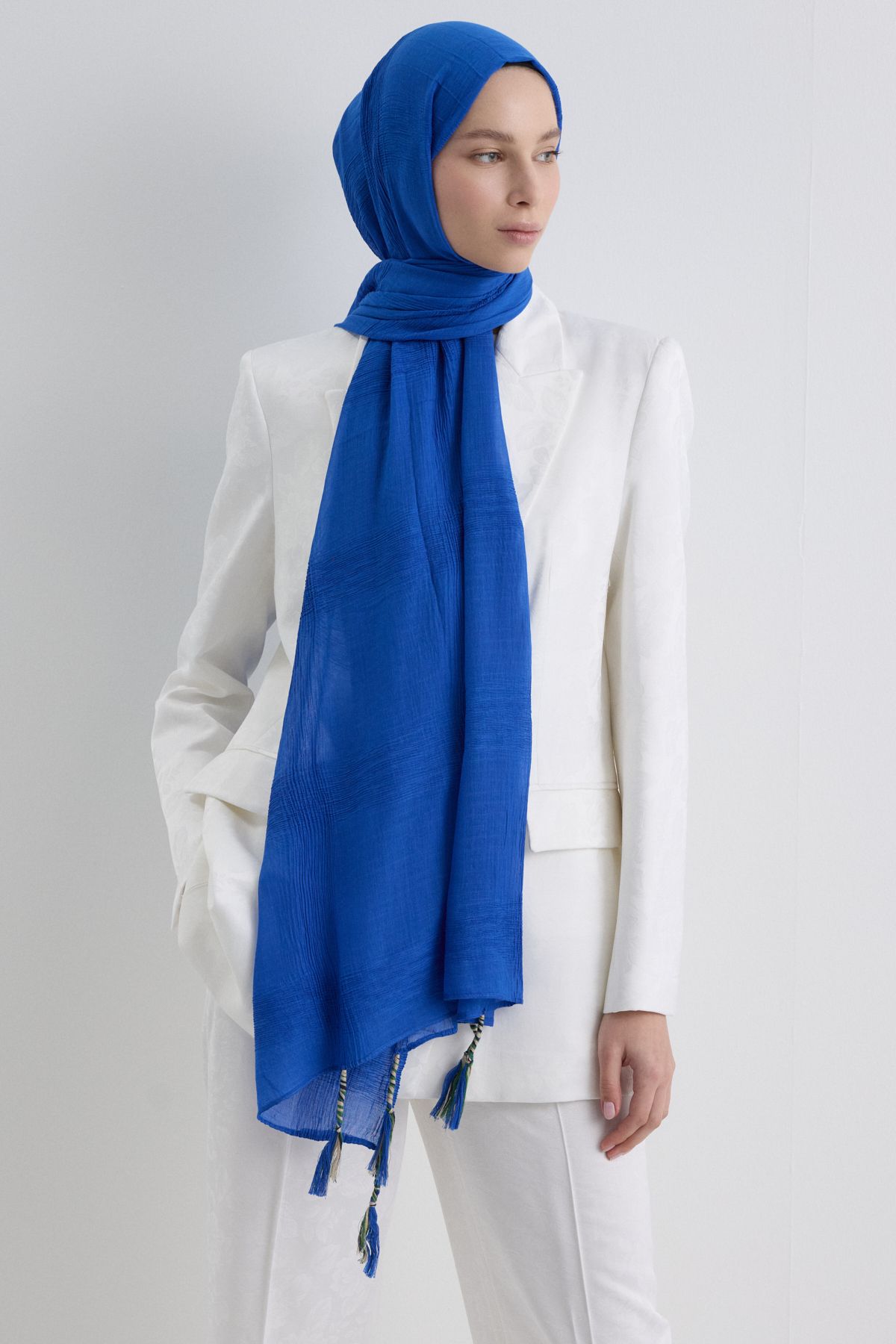 FENZA SCARF BRICE SAKS MAVİ UZUN SAÇAK PÜSKÜLLÜ PAMUKLU ŞAL