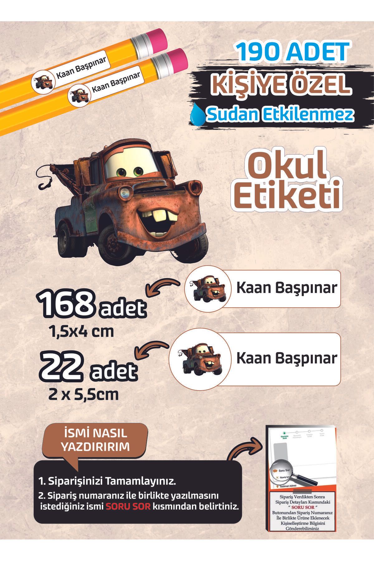 Kapbirhediye Okul Etiketi İsme Özel Kalem Defter Etiketi Cars 190 Adet