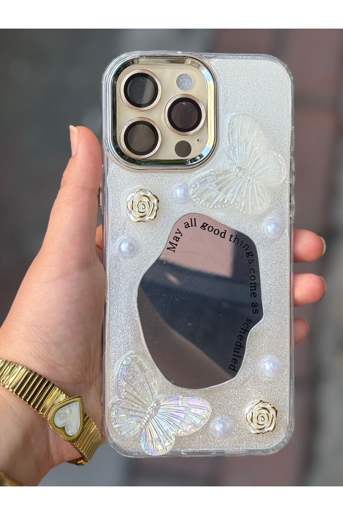 Caseji iPhone 16 Pro Max Uyumlu 3D Kelebekli Boncuklu Aynalı Işıldayan Kılıf