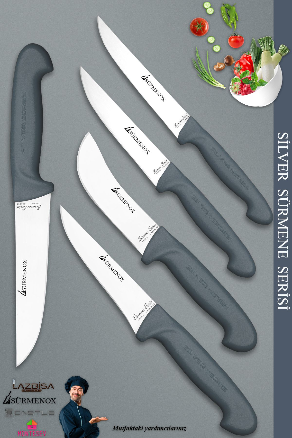 SÜRMENOX Sürmene Silver Serisi Gri Sap Mutfak Bıçak Seti Et Ekmek Sebze Doğrama Bıçağı 5 Li Set ( srm-09 )