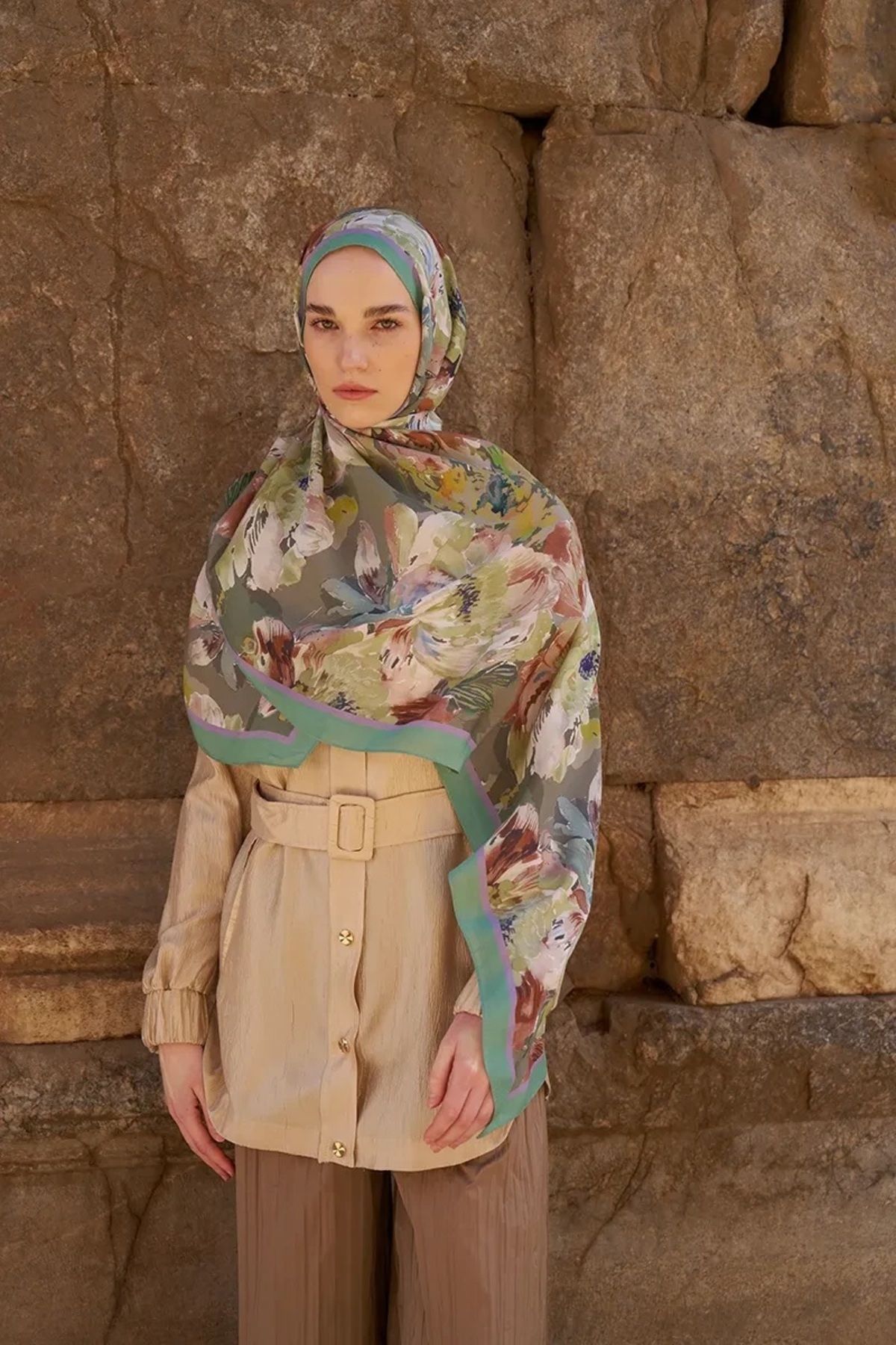 ED Scarf YEŞİL ED Scarf Sunrise Çiçek Desen Şal