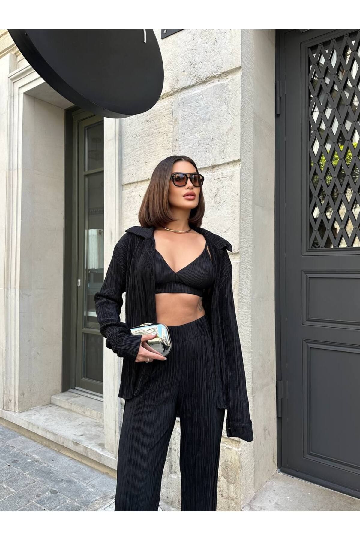 VİSKALİ Piliseli Üçlü Takım Crop Gömlek Pantalon