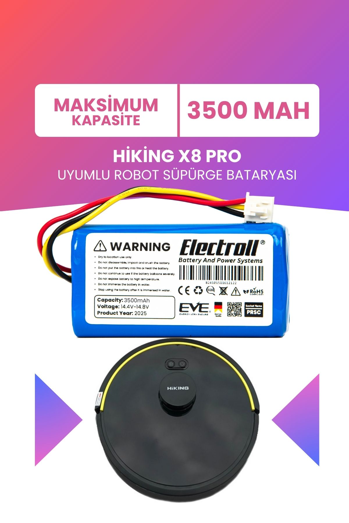 ELECTROLL Hiking X8 Pro Uyumlu Batarya (MAKSİMUM KAPASİTE) 3500mah Pil Robot Süpürge Bataryası