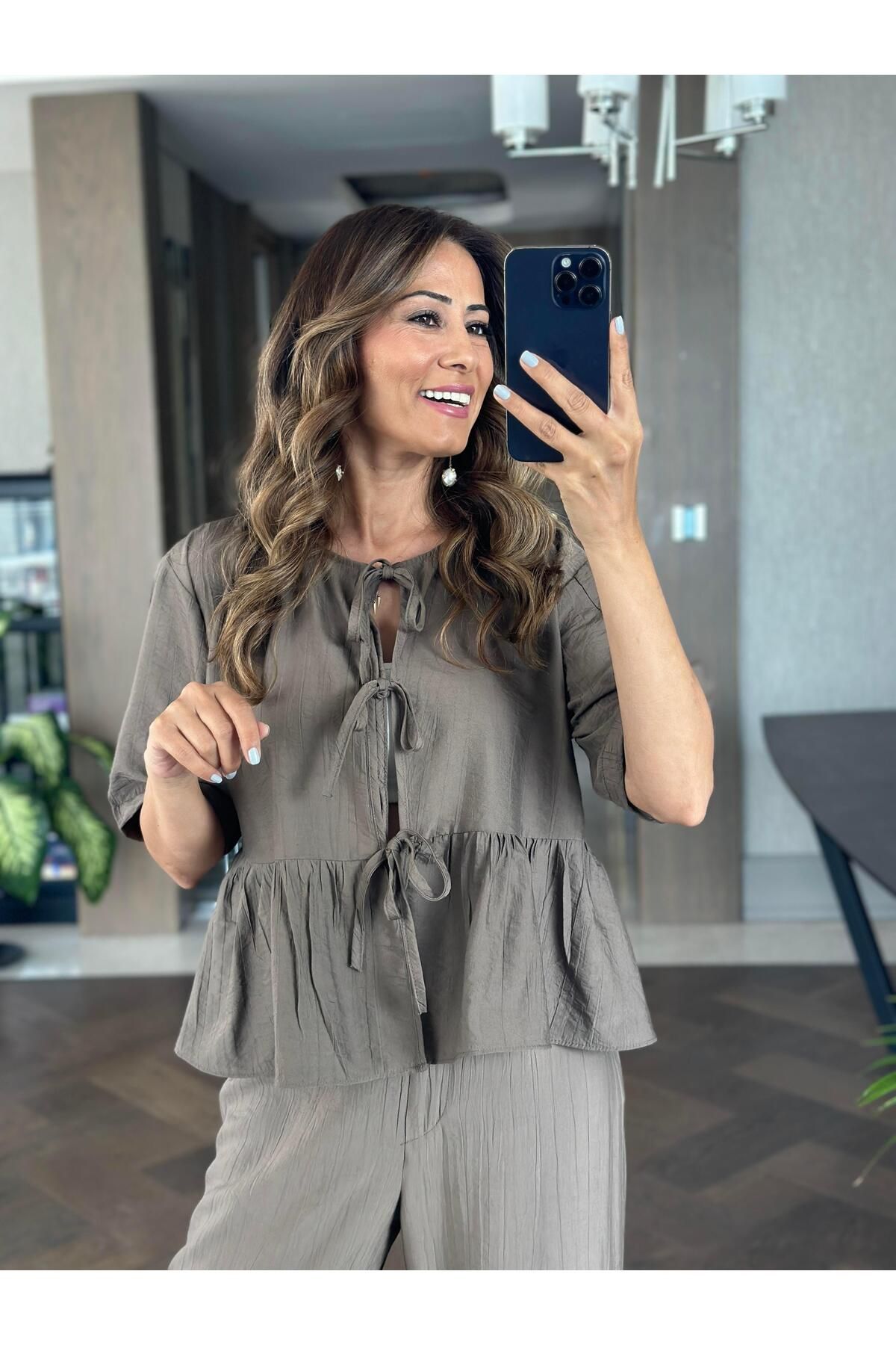 Forlady Butik Vizon Kısa Kol Önü Bağlamalı Bluz Cepsiz Pantolon Kadın İkili Takım
